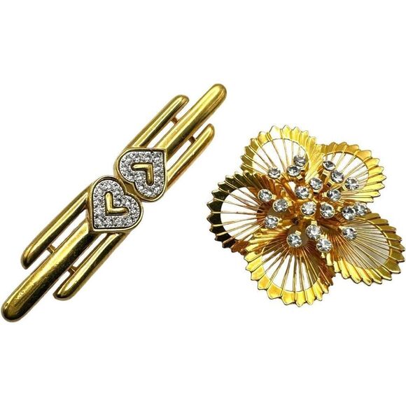 MONET 2 Piece Brooch Jewelry Lot Pair of Gold Plated Rhinestone Signed Monet Bro - Picture 1 of 6